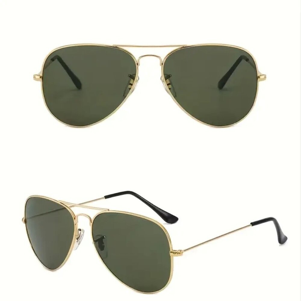 Aviator Sunglasses with Real Glass Lenses (Golden Frame Dark Green Lens)